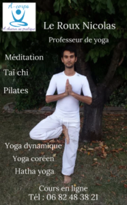 Offres & Services : Qui suis-je Le Roux Nicolas, prof diplômé de yoga, méditation, pilates, taï chi, kryas, asanas,