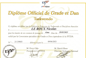 qui suis-je Le Roux Nicolas Diplôme de taekwondo